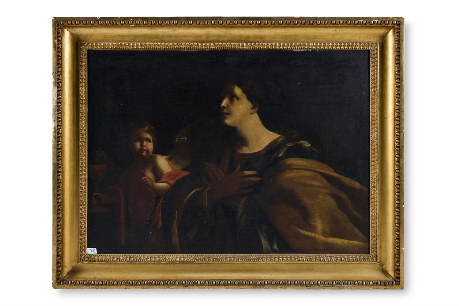 BOLOGNESE SCHOOL (17TH CENTURY), A FEMALE SAINT RECEIVING COMMUNION FROM AN ANGEL: BOLOGNESE SCHOOL, 17TH CENTURYA FEMALE SAINT RECEIVING COMMUNION FROM AN ANGELOil on canvas85 x 118cm (33¼ x 46¼ in.)