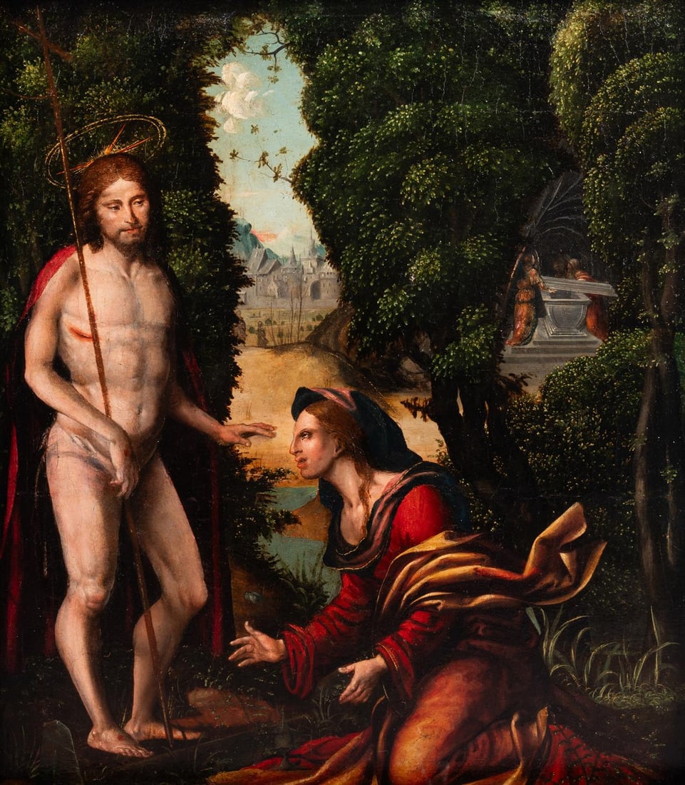 ATTRIBUTED TO MIGUEL ESTEVE (SPANISH FL. 1507-1530), A PAIR: NOLI ME TANGERE; THE RESURRECTION: ATTRIBUTED TO MIGUEL ESTEVE (SPANISH FL. 1507-1530)A PAIR: NOLI ME TANGERE; THE RESURRECTIONoil on panel, a pairThe first, bears monogram (lower right, to stone ledge) 56 x 60cm (22 x 23½ in.)Pro