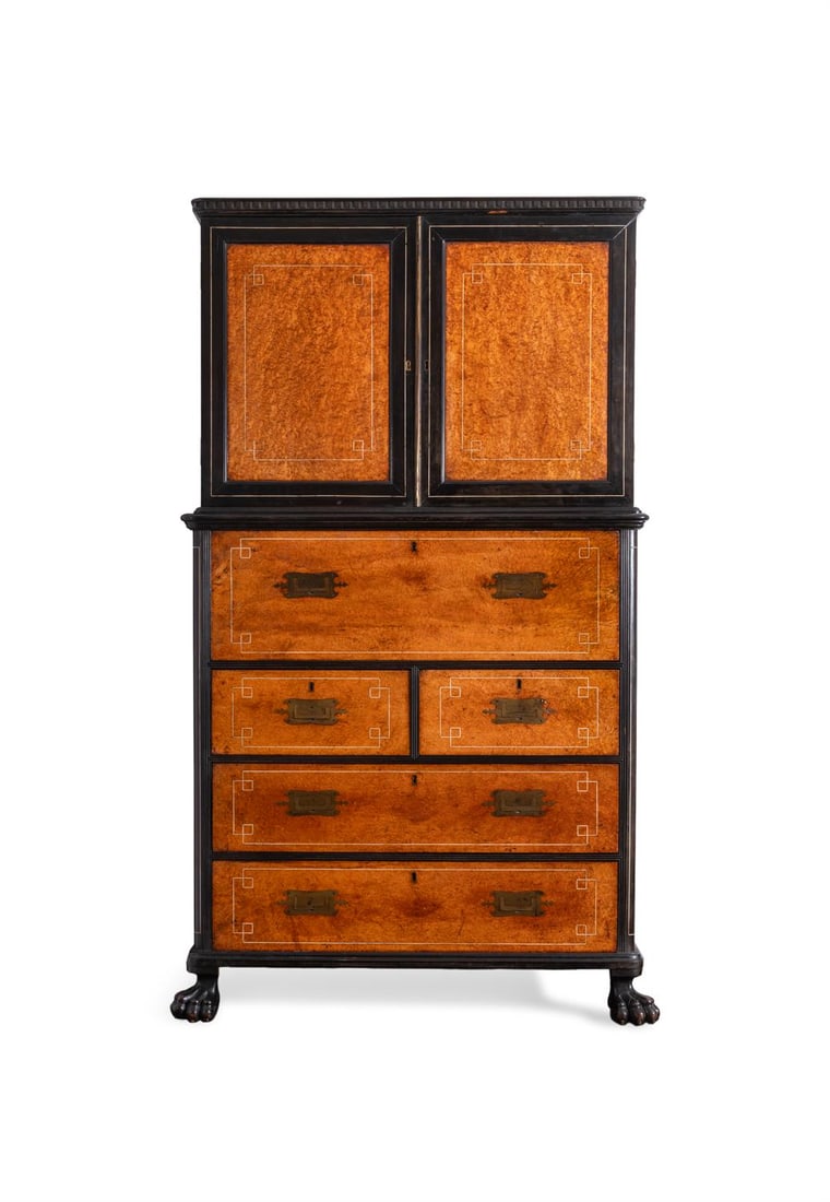 A CAMPHOR WOOD, AMBOYNA AND EBONY CAMPAIGN SECRETAIRE, CHINESE EXPORT, MID-19TH CENTURY (1 of 4)