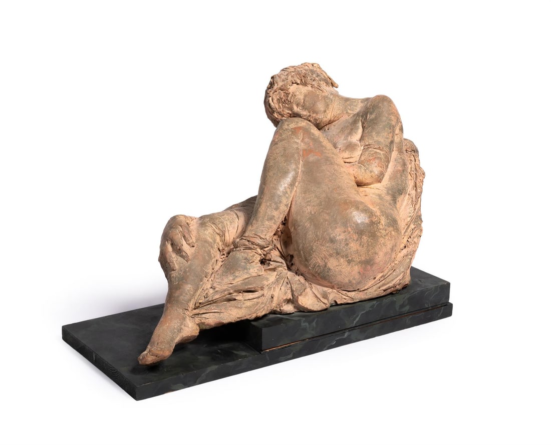 A LARGE TERRACOTTA FIGURE OF A RECLINING NUDE WOMAN, PROBABLY FRENCH: A LARGE TERRACOTTA FIGURE OF A RECLINING NUDE WOMAN PROBABLY FRENCH, 19TH CENTURY Set on simulated marble stepped base figure approx. 30cm high, 50cm wide