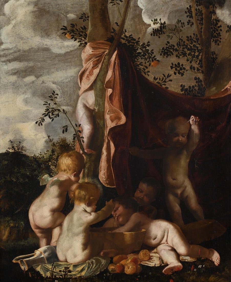 FOLLOWER OF NICOLAS POUSSIN, PUTTI PLAYING IN A LANDSCAPE: FOLLOWER OF NICOLAS POUSSINPUTTI PLAYING IN A LANDSCAPEOil on canvas84 x 70cm (33 x 27½ in.)