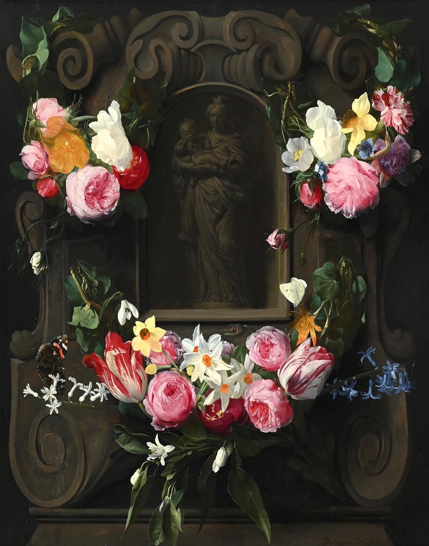 ‡ DANIEL SEGHERS (1590-1661), SWAGS OF FLOWERS SURROUNDING A CARTOUCHE WITH THE VIRGIN AND (1 of 4)