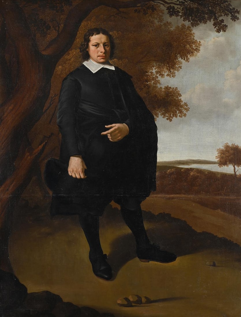 MONOGRAMMIST GD (17TH CENTURY), A PAIR OF PORTRAITS DEPICTING A MARRIED COUPLE IN A LANDSCAPE: MONOGRAMMIST GD (17TH CENTURY)A PAIR OF PORTRAITS DEPICTING A MARRIED COUPLE IN A LANDSCAPEOil on canvasBoth signed with monogram 'GD' (lower left and lower right respectively)Each 101.5 x 79cm (39