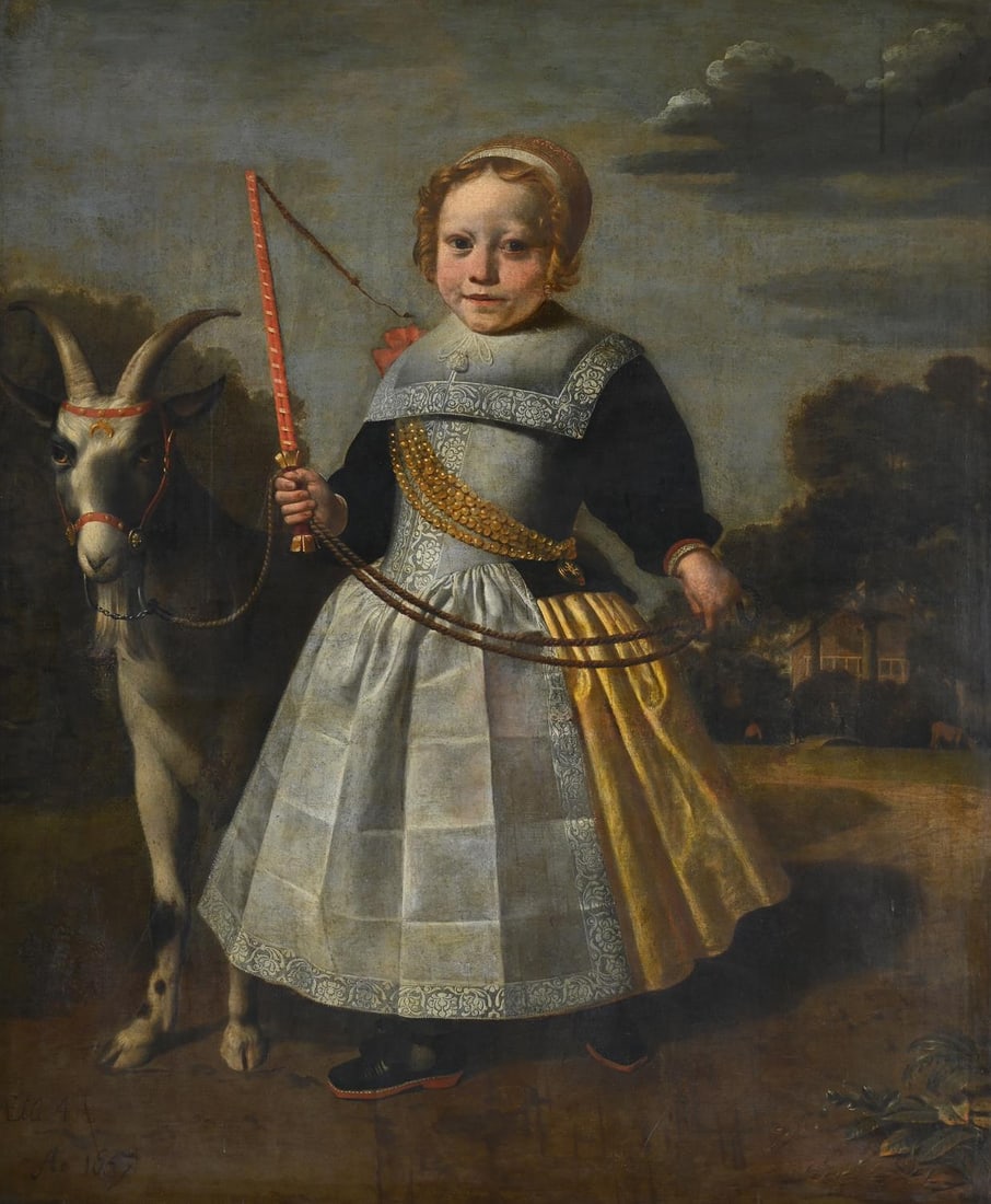 DUTCH SCHOOL (17TH CENTURY), PORTRAIT OF A FOUR AND A HALF YEAR OLD GIRL HOLDING A TETHERED GOAT (1 of 3)