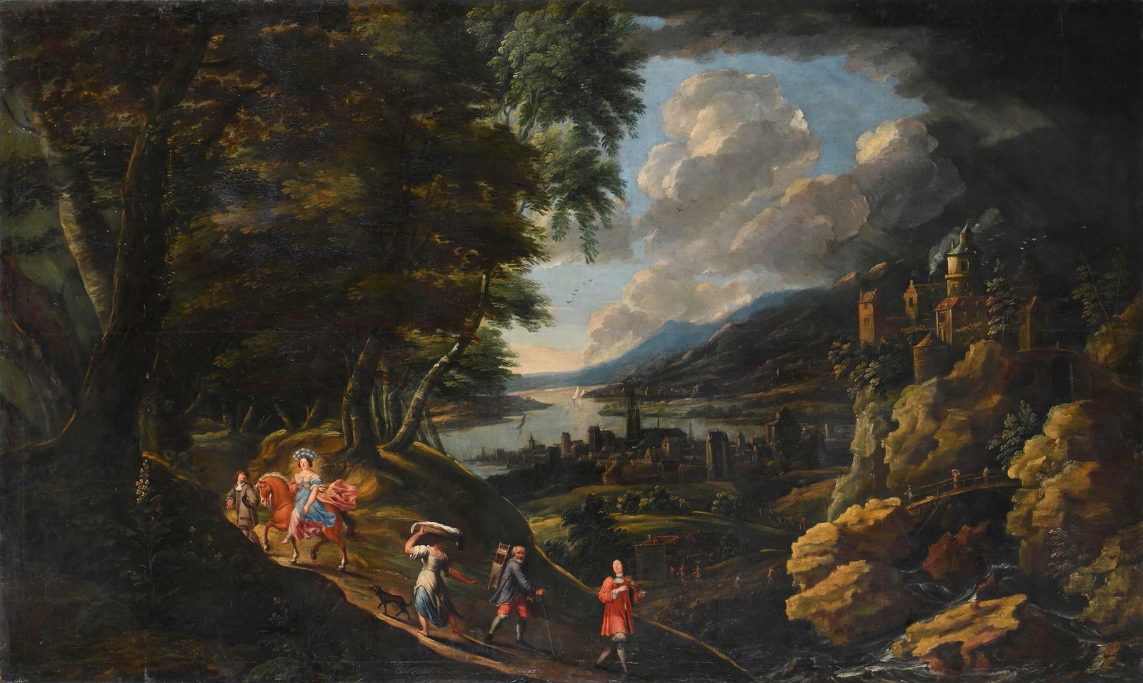FLEMISH SCHOOL (17TH CENTURY), TRAVELLERS ON A PATH TO A VILLAGE AND CASTLE (1 of 3)
