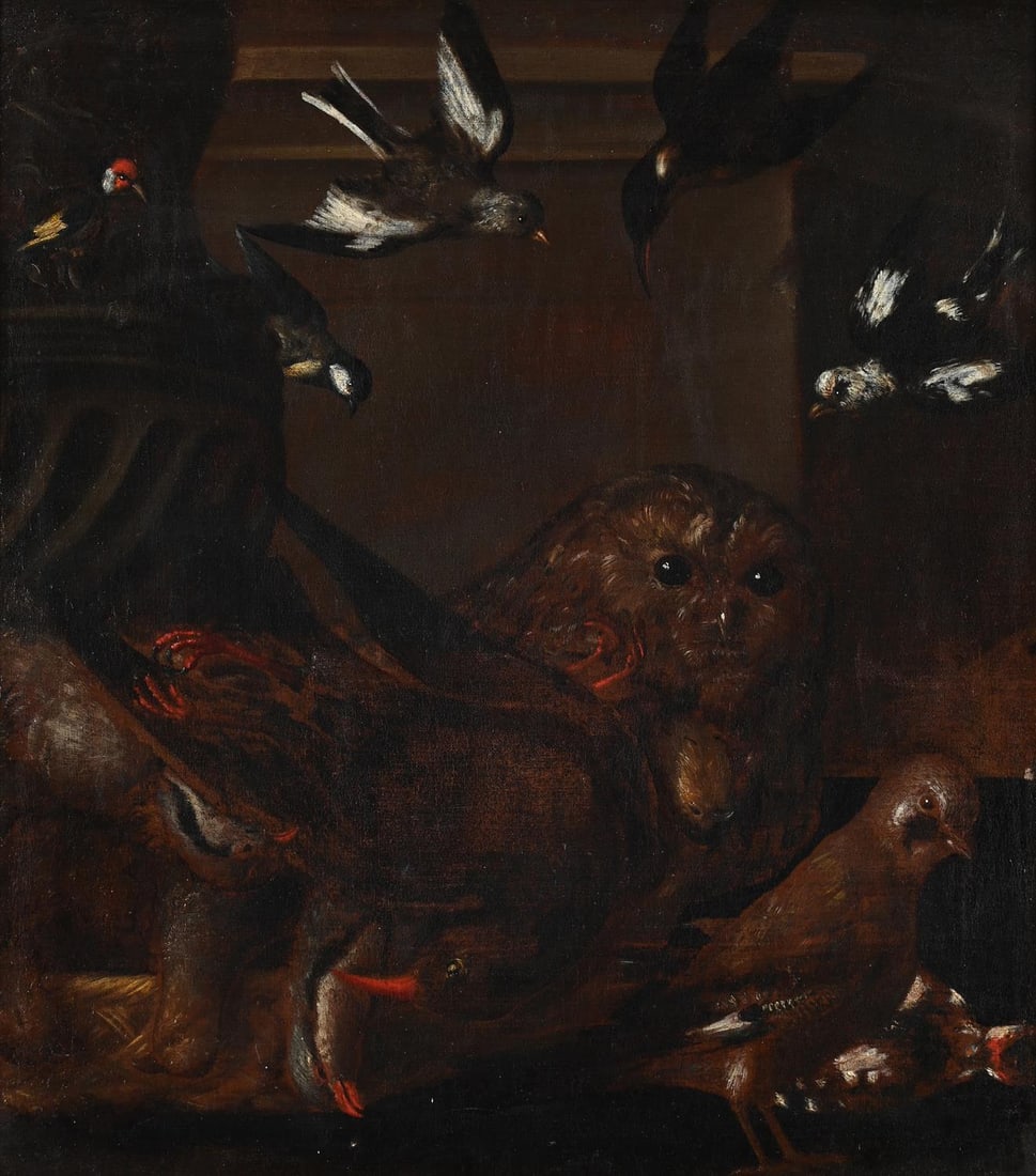 ITALIAN SCHOOL (17TH CENTURY), BIRDS RESTING NEAR AN URN: ITALIAN SCHOOL (17TH CENTURY) BIRDS RESTING NEAR AN URN Oil on canvas66 x 59cm (25 x 23 in.)