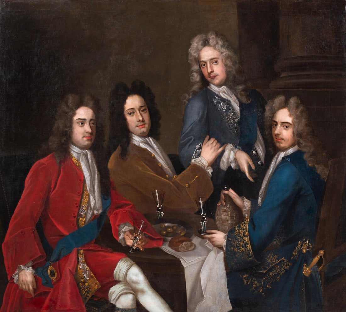 ENGLISH SCHOOL (18TH CENTURY), THE DUKE OF BEAUFORT WITH THREE OTHER FIGURES: ENGLISH SCHOOL (18TH CENTURY)THE DUKE OF BEAUFORT WITH THREE OTHER FIGURESOil on canvas154 x 174cm (60½ x 68½ in.)Provenance:The Collection of Lord Long of Wraxhall until 1963H. W. Keil Ltd.