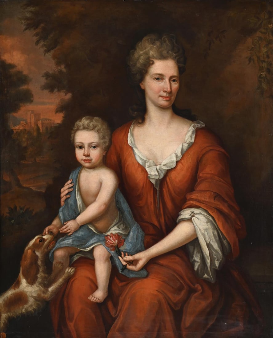 FOLLOWER OF SIR GODFREY KNELLER, PORTRAIT OF A MOTHER AND CHILD: FOLLOWER OF SIR GODFREY KNELLERPORTRAIT OF A MOTHER AND CHILD Oil on canvas124.5 x 100cm (49 x 39¼ in.)