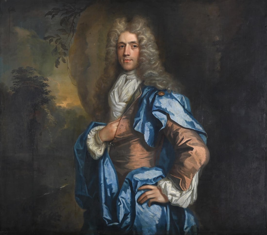 FOLLOWER OF THOMAS MURRAY, PORTRAIT OF A GENTLEMAN IN A BLUE COAT: FOLLOWER OF THOMAS MURRAYPORTRAIT OF A GENTLEMAN IN A BLUE COATOil on canvas125 x 139.5cm (49 x 54¾ in.)Provenance: Major Carey Evans (according to label, verso)