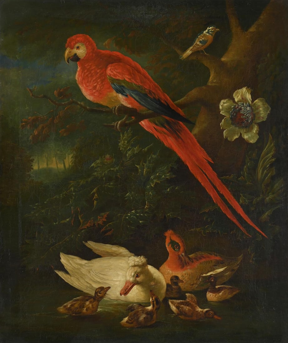 CIRCLE OF AERT SCHOUMAN (DUTCH 1710-1792), A PARROT WITH OTHER BIRDS IN A WOODED LANDSCAPE (1 of 3)