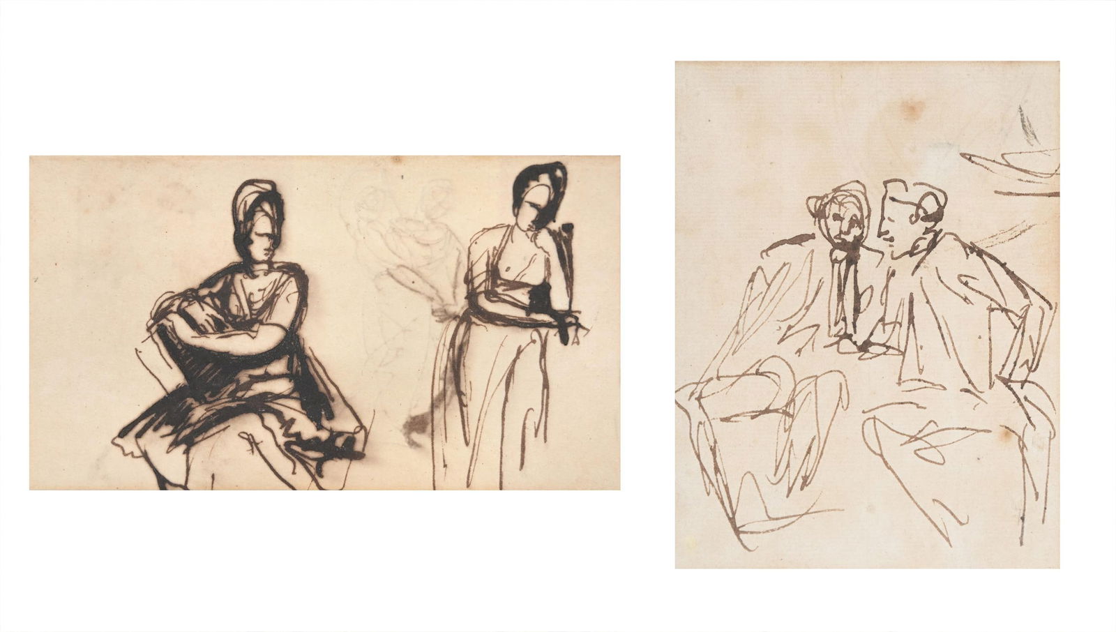 GEORGE ROMNEY (BRITISH 1734-1802), A STUDY OF TWO WOMEN; TWO FIGURES (2): GEORGE ROMNEY (BRITISH 1734-1802)A STUDY OF TWO WOMEN (RECTO) AND A STUDY OF TWO DANCING FIGURES (VERSO); AND A STUDY OF TWO FIGURES CONVERSINGPen and Ink8.5 x 14.5cm (3¼ x 5½ in.); and 14.5