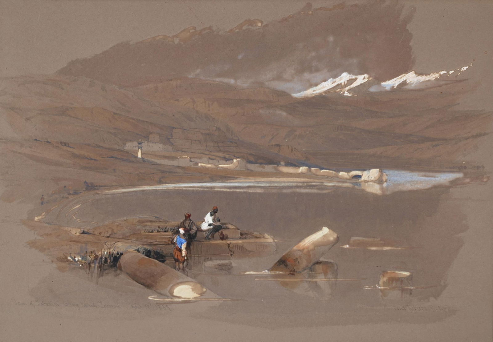 DAVID ROBERTS (SCOTTISH 1796-1864), THE TOWN OF TABARIAS LOOKING TOWORDS LEBANON: DAVID ROBERTS (SCOTTISH 1796-1864)THE TOWN OF TABARIAS LOOKING TOWORDS LEBANONWatercolour over pencil heightened with bodycolourSigned (lower right) and titled and dated 'Town of Tabarias looking towa