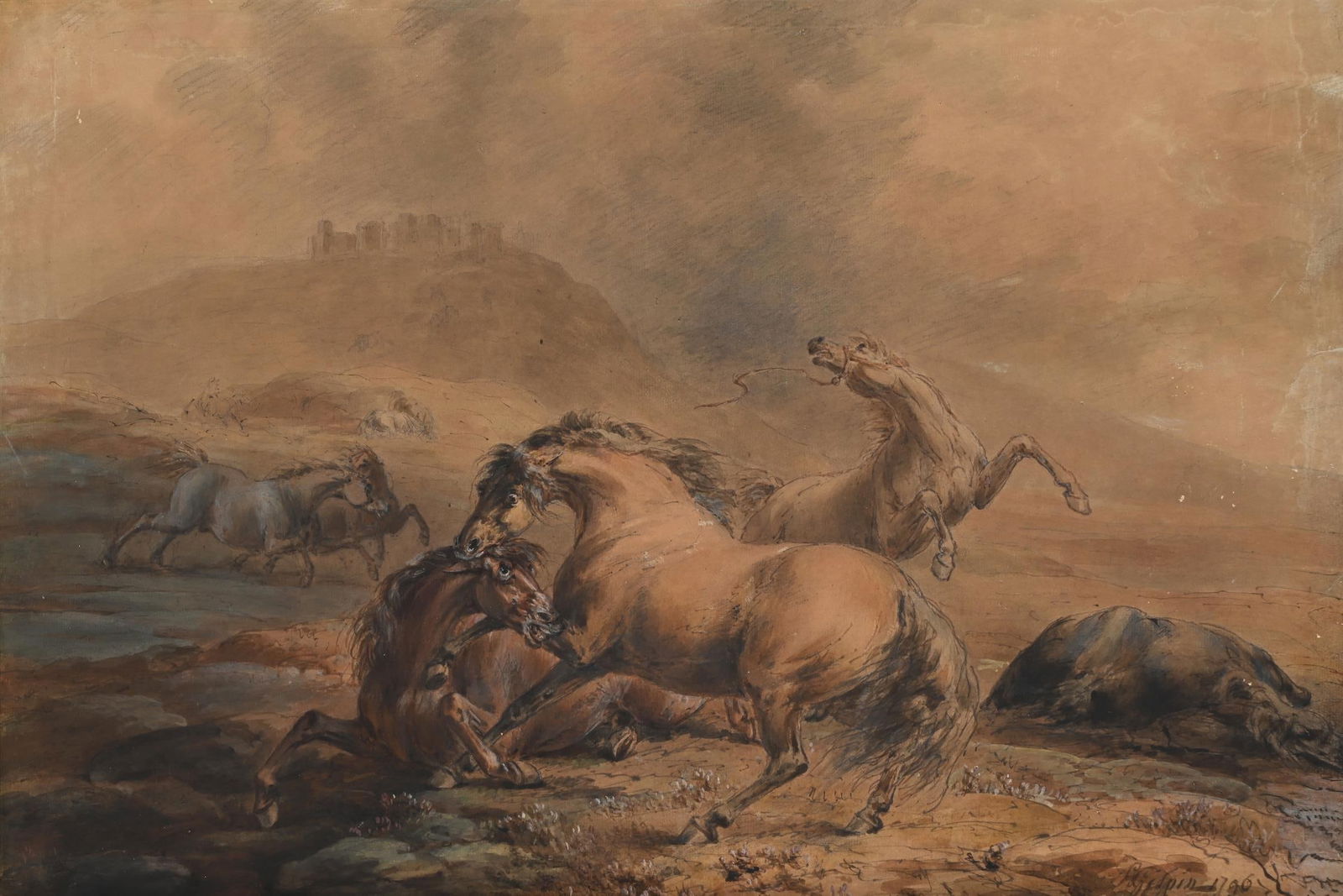 SAWREY GILPIN (BRITISH 1733-1807), HORSES FIGHTING (1 of 3)