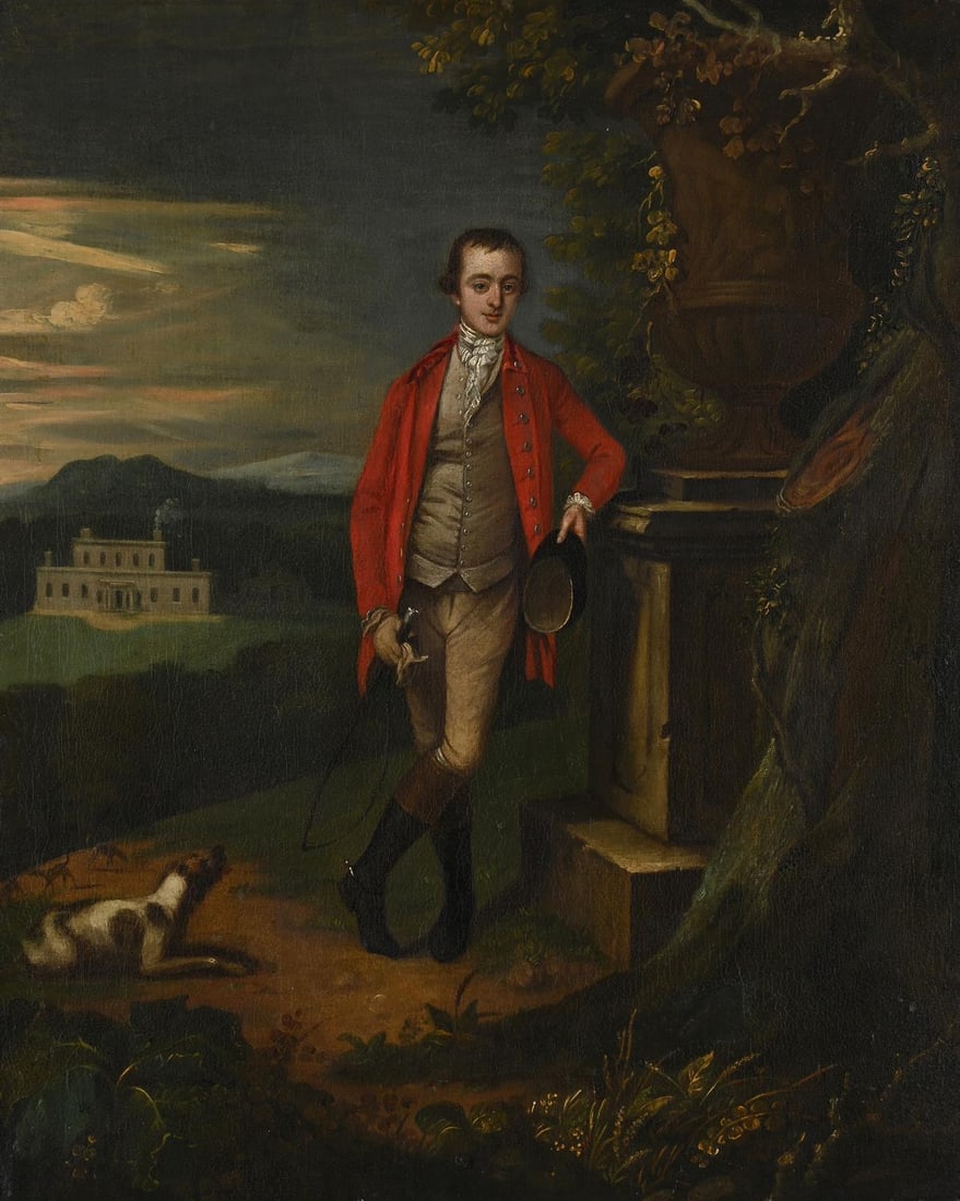 CIRCLE OF ARTHUR DEVIS (BRITISH 1711-1787), PORTRAIT OF A HUNTSMAN WITH A HOUND BY AN URN: CIRCLE OF ARTHUR DEVIS (BRITISH 1711-1787)PORTRAIT OF A HUNTSMAN WITH A HOUND BY AN URN IN A LANDSCAPEOil on canvasIndistinctly signed and dated '1774' (to edge of plinth, centre right)76 x 63.5cm (29