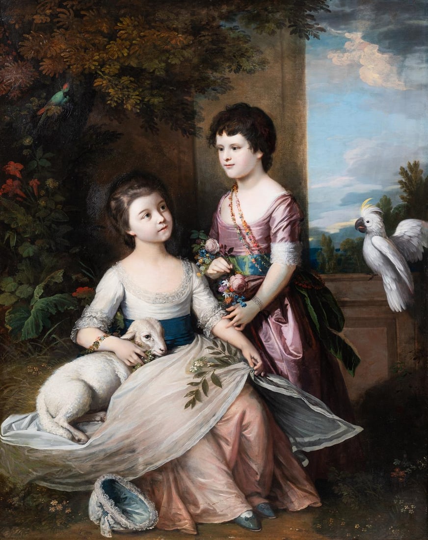 GEORGE JAMES (BRITISH -1795), EMILY AND GEORGINA MASON WITH A LAMB AND COCKATOO IN A LANDSCAPE (1 of 3)