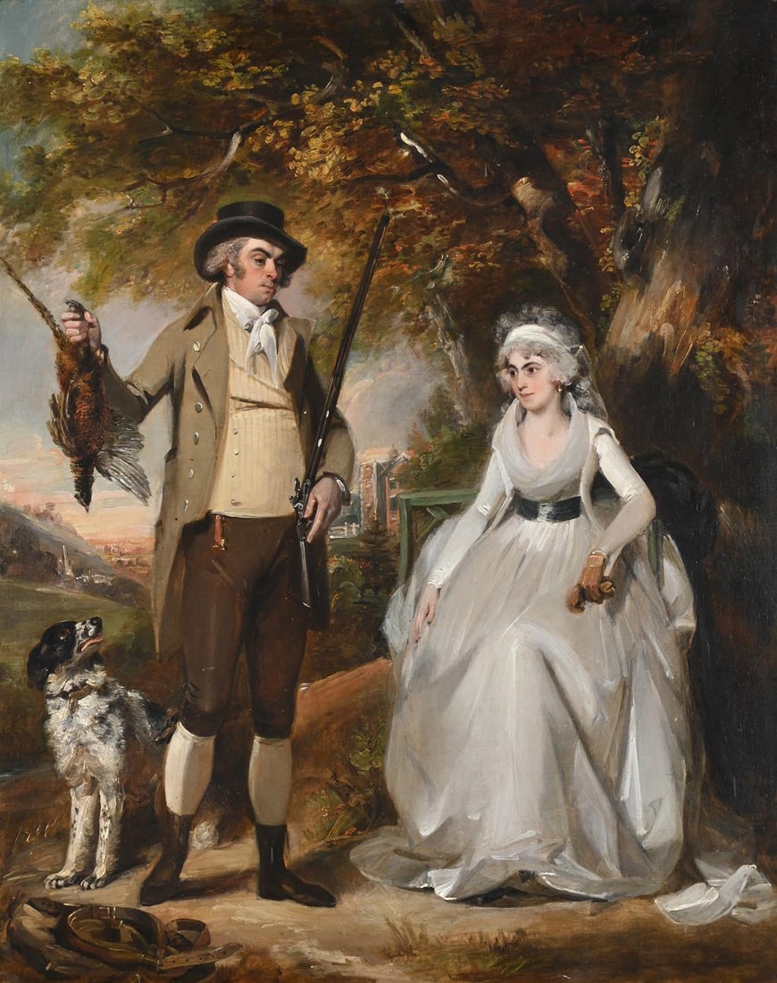 PHILIP REINAGLE (BRITISH 1749 - 1833), A DOUBLE PORTRAIT OF A MAN AND WIFE OUT SHOOTING (1 of 3)