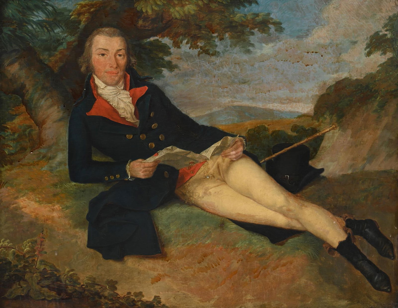 FRENCH SCHOOL (18TH CENTURY), PORTRAIT OF A GENTLEMAN IN A DARK BLUE COAT: FRENCH SCHOOL (18TH CENTURY)PORTRAIT OF A GENTLEMAN IN A DARK BLUE COAT, RECLINING IN A LANDSCAPEOil on canvas68.5 x 91.5cm (26¾ x 36 in.)Provenance: The Collection of Charlie Watts