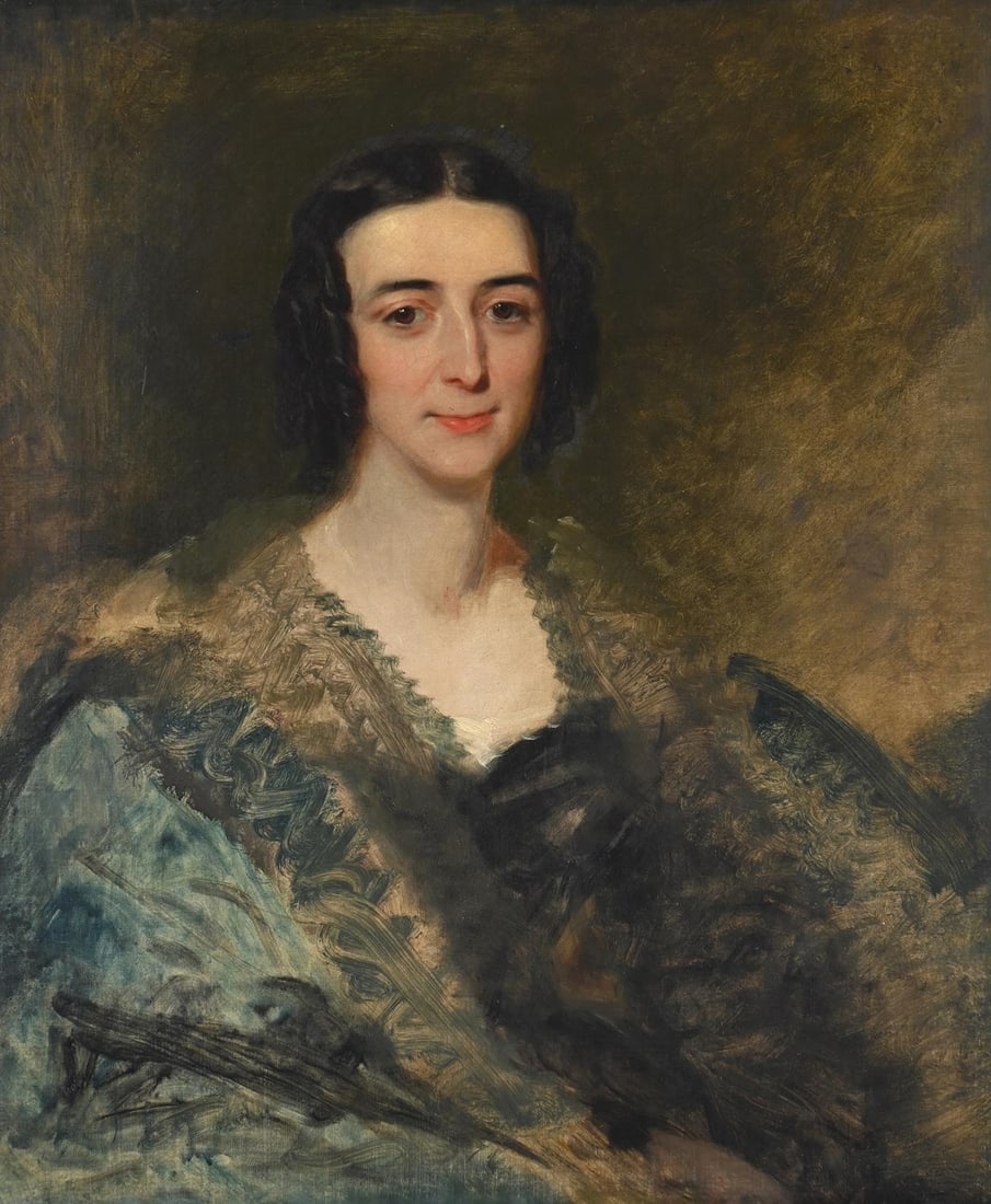 CIRCLE OF SIR THOMAS LAWRENCE (BRITISH 1769-1830), PORTRAIT OF A LADY IN A GREEN AND BLACK DRESS (1 of 3)