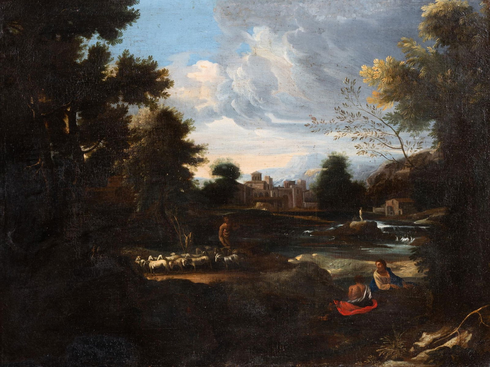 FOLLOWER OF GASPARD DUGHET, ITALIANATE LANDSCAPE WITH FIGURES BY A RIVER (1 of 3)