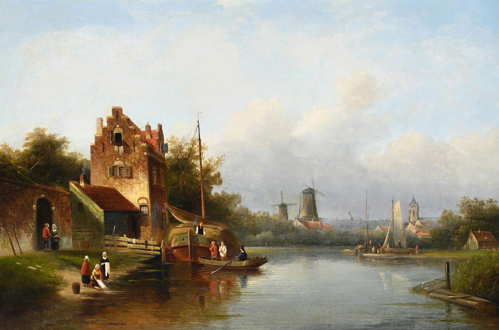 JAN JACOB SPOHLER (DUTCH 1811-1866), FIGURES ON A DUTCH CANAL WITH WINDMILLS BEYOND (1 of 3)