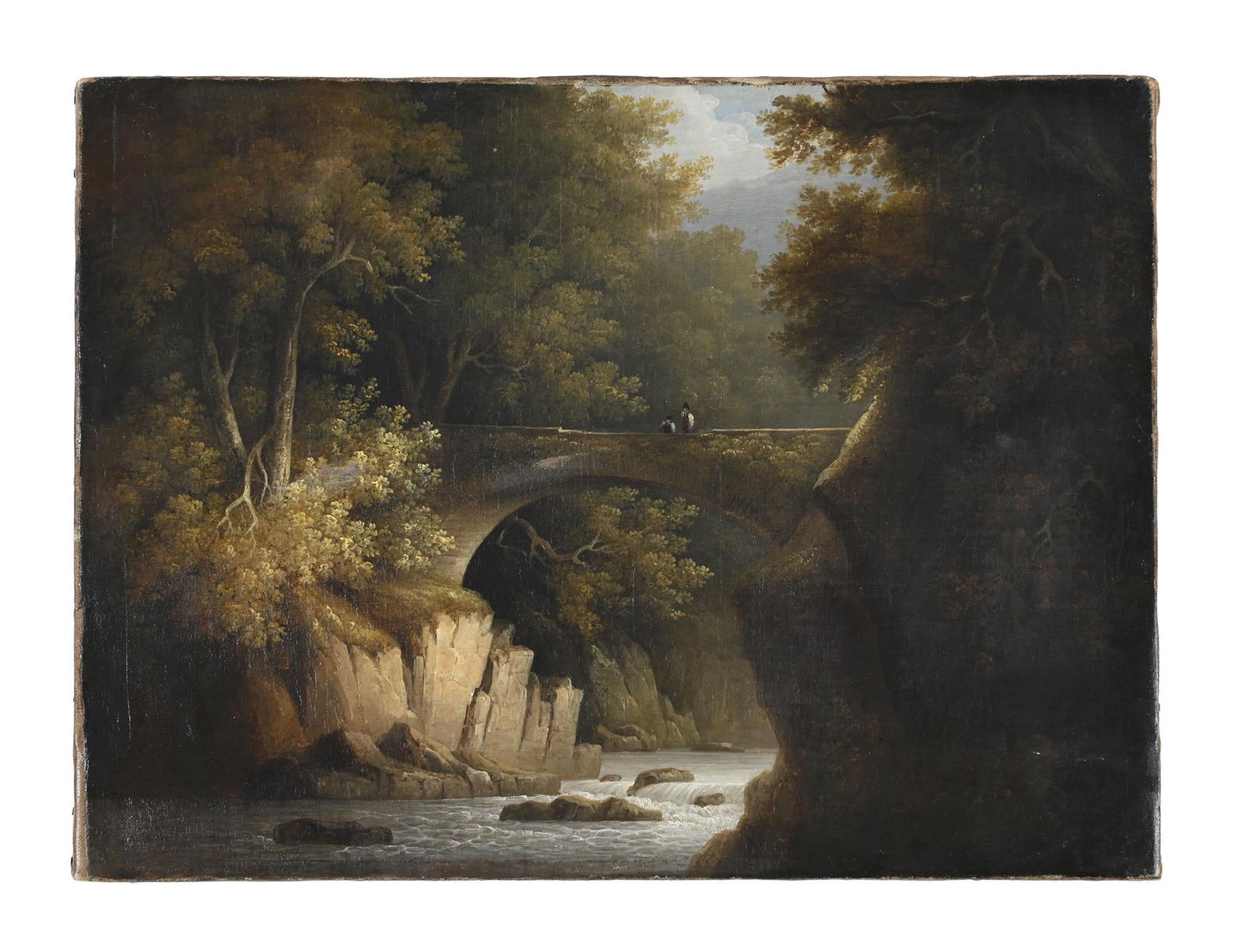 CIRCLE OF JOHN RATHBONE (BRITISH 1750-1807), LANDSCAPE WITH A BRIDGE CROSSING A RIVER (1 of 3)