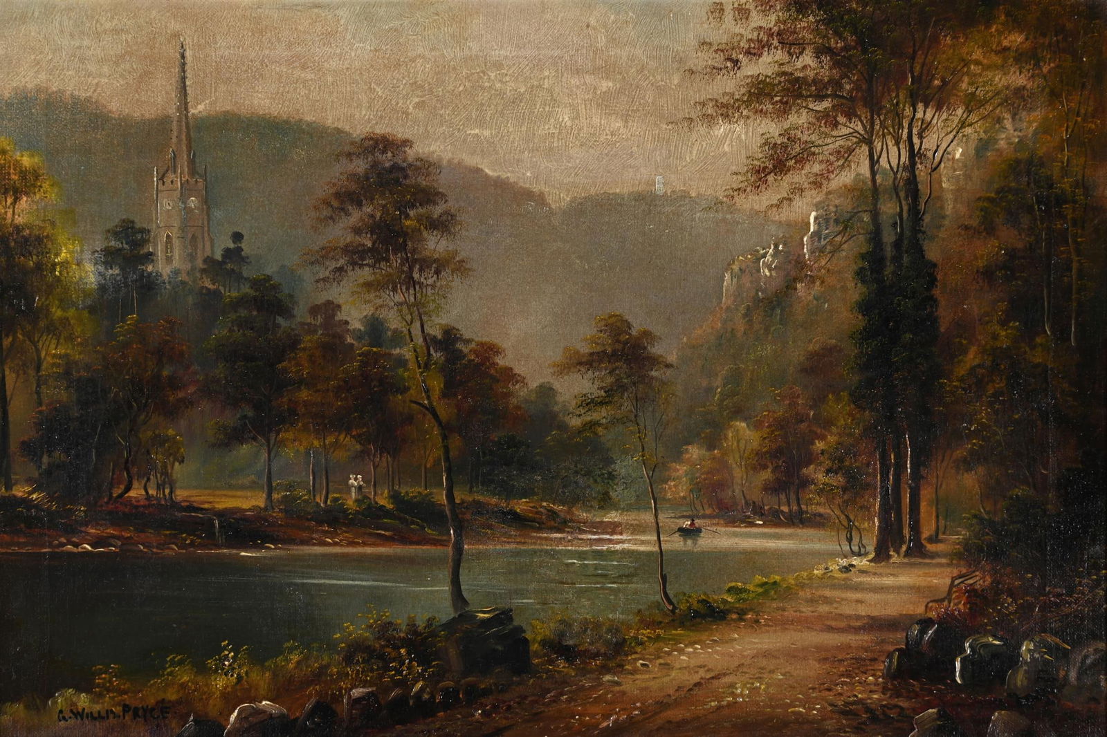 GEORGE WILLIS PRYCE (BRITISH 1866-1949), RIVER LANDSCAPE WITH CHURCH AND BOAT: GEORGE WILLIS PRYCE (BRITISH 1866-1949)RIVER LANDSCAPE WITH CHURCH AND BOATOil on canvasSigned (lower left)31 x 46cm (12 x 18 in.)