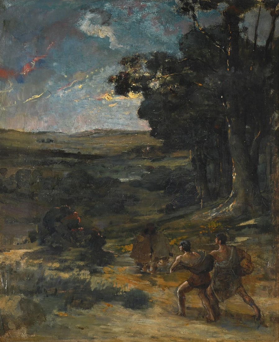 CIRCLE OF JULES BASTIEN-LAPAGE (FRENCH 1848-1884), FIGURES IN A STORMY LANDSCAPE: CIRCLE OF JULES BASTIEN-LAPAGE (FRENCH 1848-1884)FIGURES IN A STORMY LANDSCAPEOil on canvas40.5 x 32.5cm (15¾ x 12¾ in.)