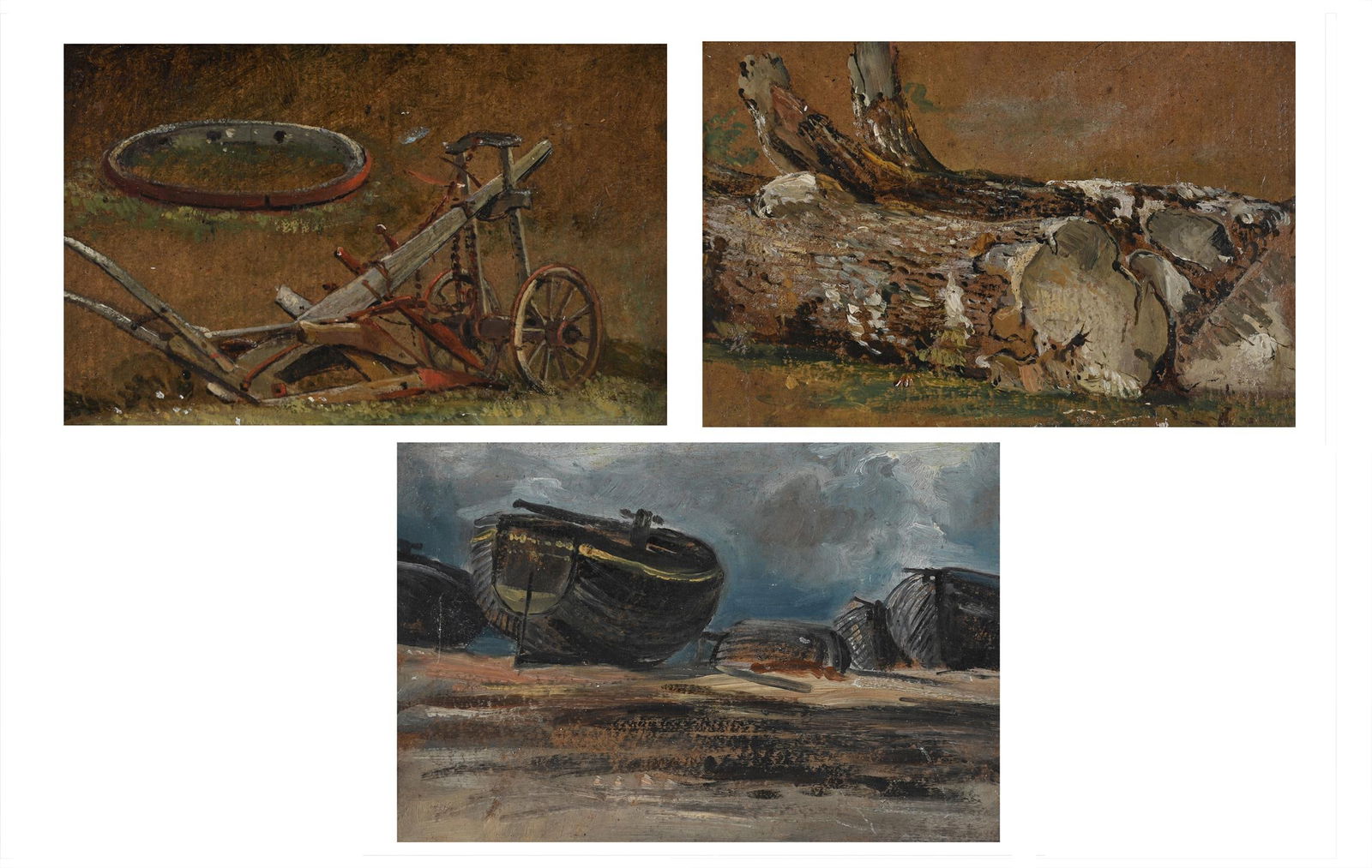 FREDERICK WATERS WATTS (BRITISH 1800 - 1870), THREE STUDIES: TREE TRUNKS; PLOUGH; FISHING BOATS (3) (1 of 10)