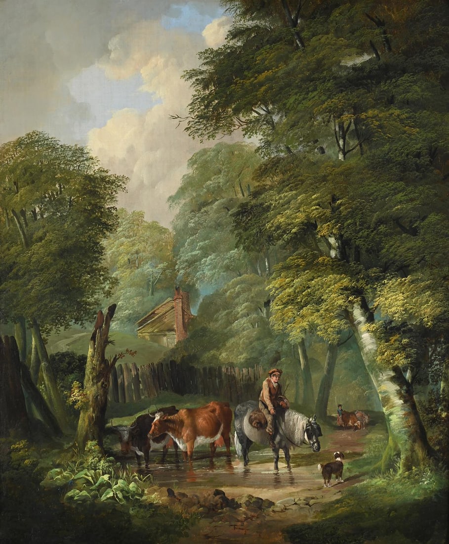 WILLIAM SHAYER (BRITISH 1811-1892), A BOY ON A PONY WITH CATTLE IN A FORD (1 of 3)