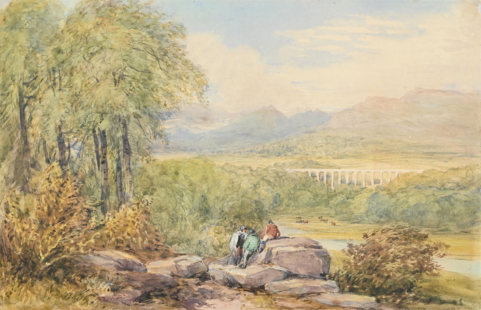 DAVID COX SENIOR (BRITISH 1783 - 1859), FIGURES RESTING NEAR THE LLANGOLLEN VIADUCT: DAVID COX SENIOR (BRITISH 1783 - 1859)FIGURES RESTING NEAR THE LLANGOLLEN VIADUCT IN THE DEE VALLEY, NORTH WALESPencil and watercolourSigned (lower left)20 x 29cm (7¾ x 11¼ in.)Provenance:Sa