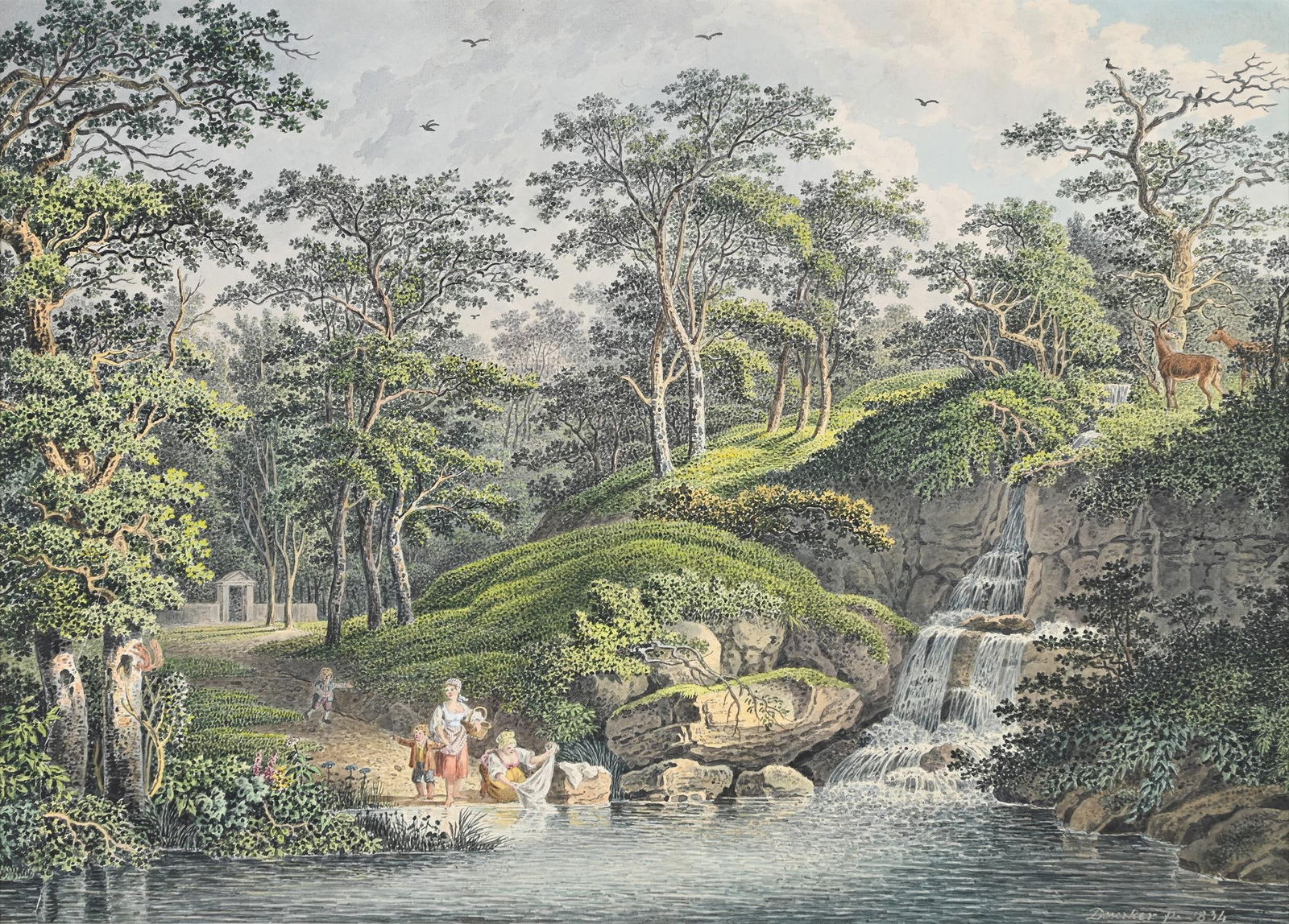 PHILIP HEINRICH DUNKER (GERMAN 1781 - 1836), WOMEN AND CHILDREN WASHING LAUNDRY NEAR A WATERFALL: PHILIP HEINRICH DUNKER (GERMAN 1781 - 1836)WOMEN AND CHILDREN WASHING LAUNDRY NEAR A WATERFALLWatercolour and pencilSigned and dated '1834' (lower right)28 x 36cm (11 x 14 in.)Provenance:Sale, Christi