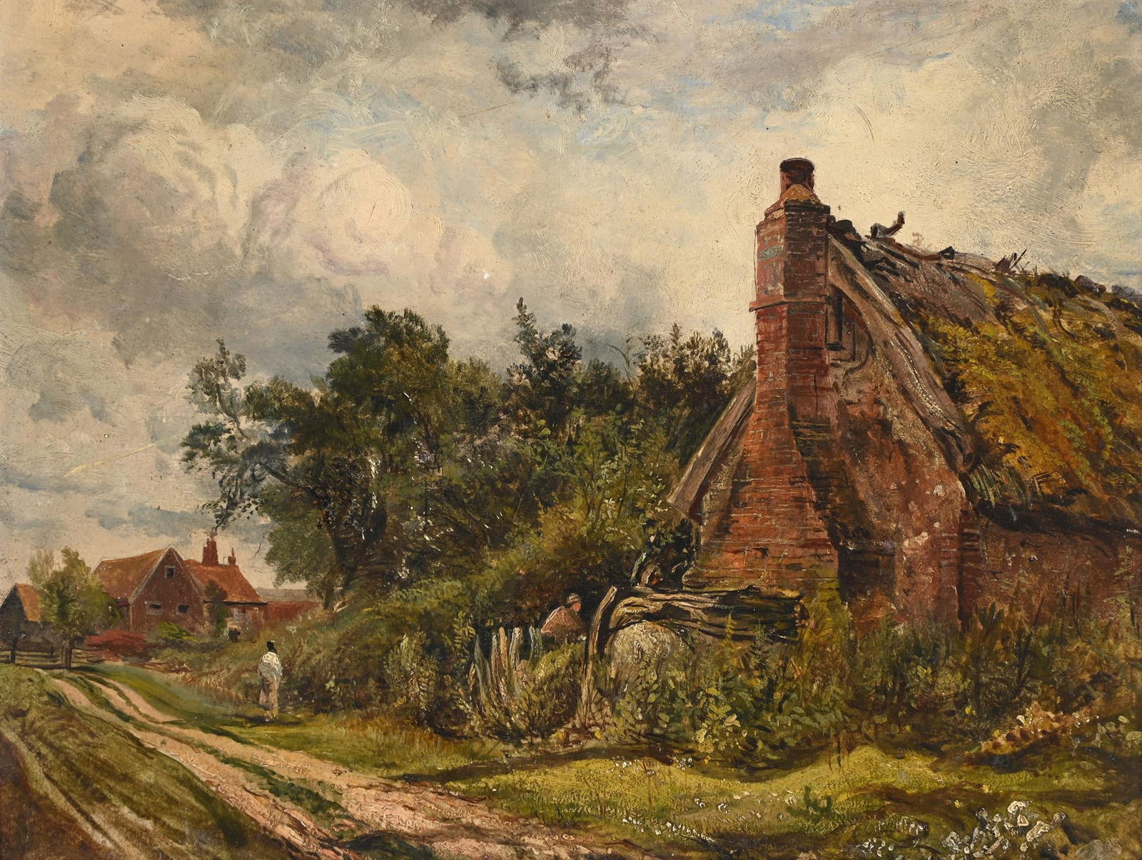 FREDERICK WATERS WATTS (BRITISH 1800 - 1870), FIGURES ON A COUNTRY LANE OUTSIDE A HOUSE: FREDERICK WATERS WATTS (BRITISH 1800 - 1870)FIGURES ON A COUNTRY LANE OUTSIDE A HOUSEOil on card laid to board25 x 30.5cm (9¾ x 12 in.)