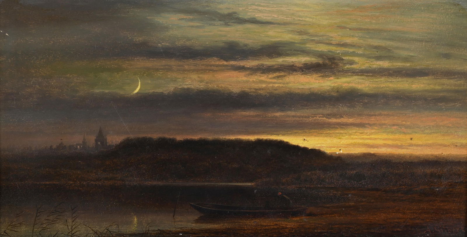 ARTHUR GILBERT (BRITISH 1819 - 1895), EVENING ON THE THAMES NEAR OXFORD: ARTHUR GILBERT (BRITISH 1819 - 1895)EVENING ON THE THAMES NEAR OXFORDOil on panel Signed (lower right)18 x 36cm (7 x 14 in.)