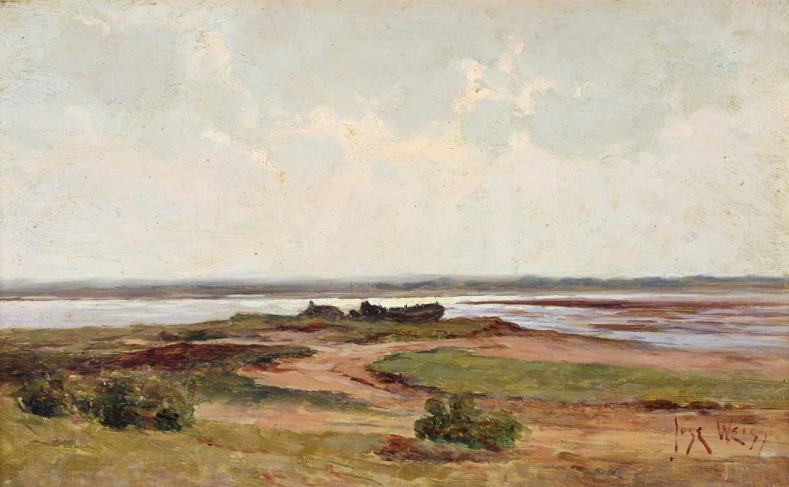 JOSE WEISS (FRENCH 1859-1919), LOW TIDE: JOSE WEISS (FRENCH 1859-1919)LOW TIDEOil on panelSigned (lower right)15 x 25cm (5¾ x 9¾ in.)