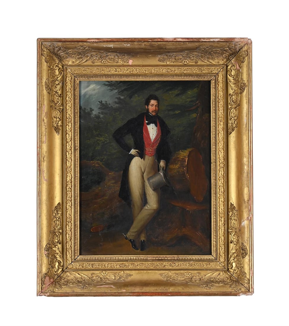 ANDREW GEDDES (SCOTTISH 1783-1844), PORTRAIT OF A GENTLEMAN IN A BLACK COAT RESTING ON A TREE TRUNK (1 of 3)