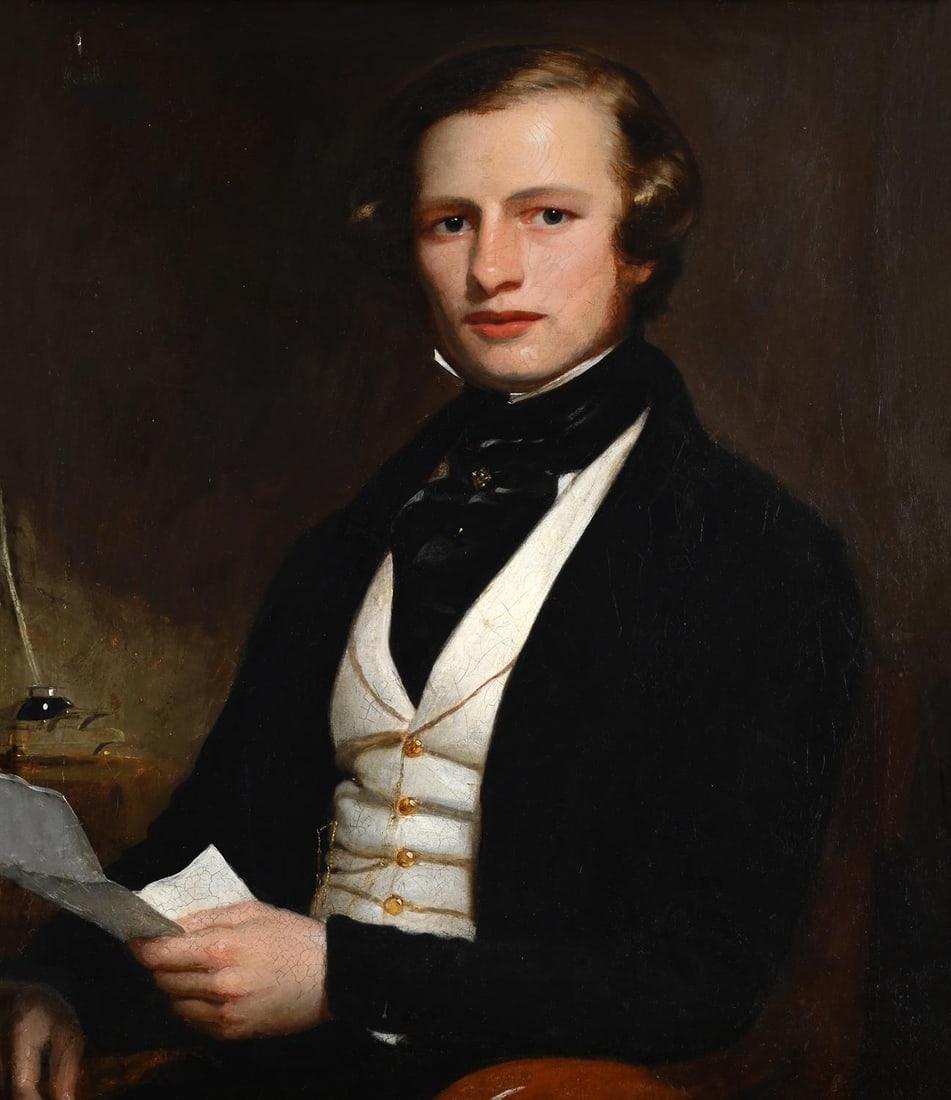 BRITISH SCHOOL (19TH CENTURY), PORTRAIT OF A GENTLEMAN HOLDING A LETTER: BRITISH SCHOOL (19TH CENTURY)PORTRAIT OF A GENTLEMAN HOLDING A LETTEROil on canvas70 x 60cm (27½ x 23½ in.)