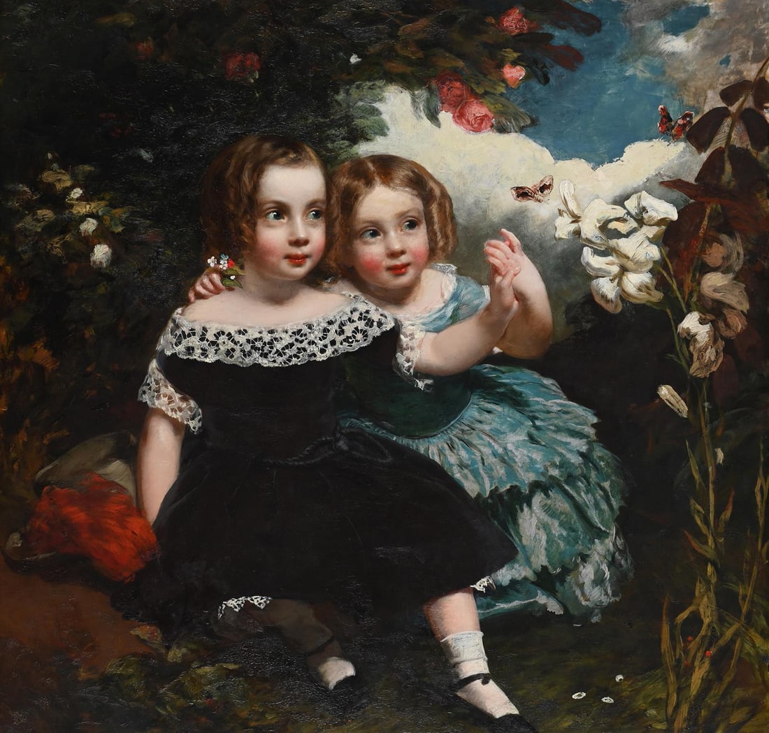 JAMES SANT (BRITISH 1820 - 1916), TWO GIRLS WATCHING BUTTERFLIES: JAMES SANT (BRITISH 1820 - 1916)TWO GIRLS WATCHING BUTTERFLIESOil on canvasSigned and inscribed 'No. 4' (to stretcher verso)93 x 92cm (36½ x 36 in.)Provenance:Sale, Christie's, London, Victorian