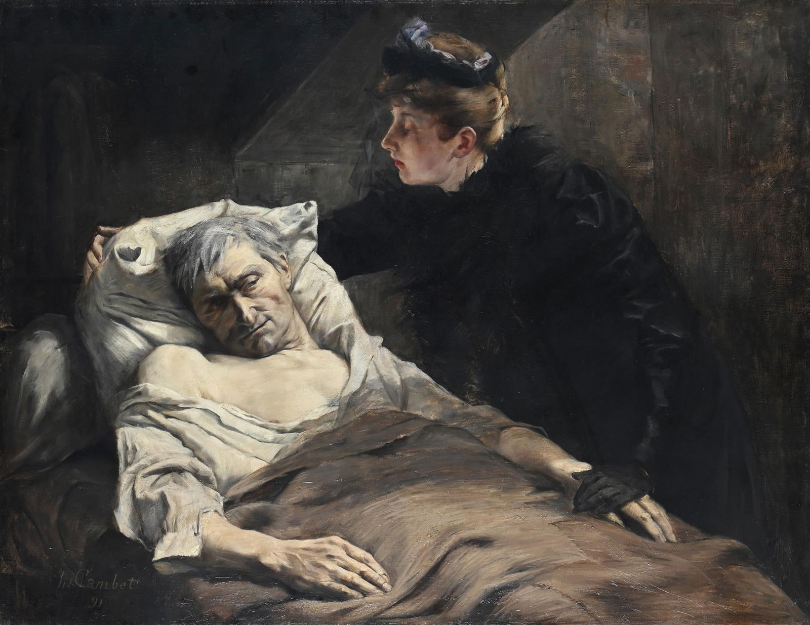 HENRI CAMBET (FRENCH 1866-1894), PORTRAIT OF A DYING MAN: HENRI CAMBET (FRENCH 1866-1894)PORTRAIT OF A DYING MANOil on canvasSigned and dated '91' (lower left)100 x 128.2cm (39¼ x 50¼ in.)UnframedExhibited: Versailles, 39th Exposition Versaillaise,