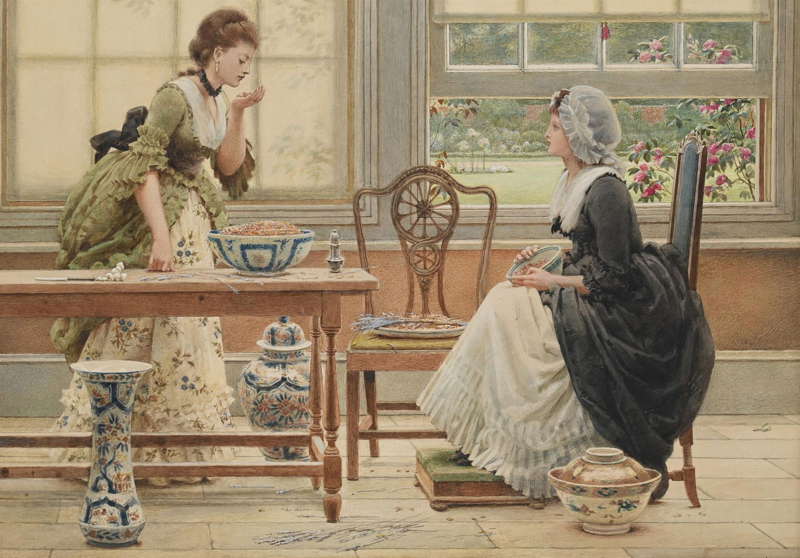GEORGE DUNLOP LESLIE (BRITISH 1835 - 1921), POT POURRI: GEORGE DUNLOP LESLIE (BRITISH 1835 - 1921)POT POURRIWatercolour38 x 56cm (14¾ x 22 in.)An oil painting by Leslie, of the same subject, sold for £150,000 hammer at Sotheby's on 7 December 202