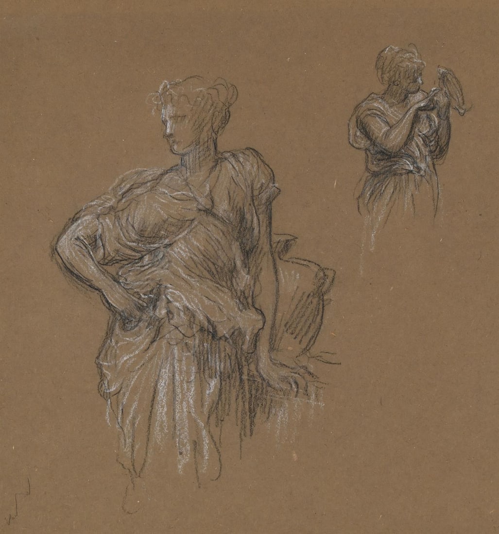 FREDERIC, LORD LEIGHTON (BRITISH 1830-1896), STUDIES FOR 'AT THE FOUNTAIN': FREDERIC, LORD LEIGHTON (BRITISH 1830-1896)STUDIES FOR 'AT THE FOUNTAIN' Black and white chalk on buff paperArtist's studio stamp (lower left)25.2 x 23cm (9¾ x 9 in.)Provenance: Abbott and Holder