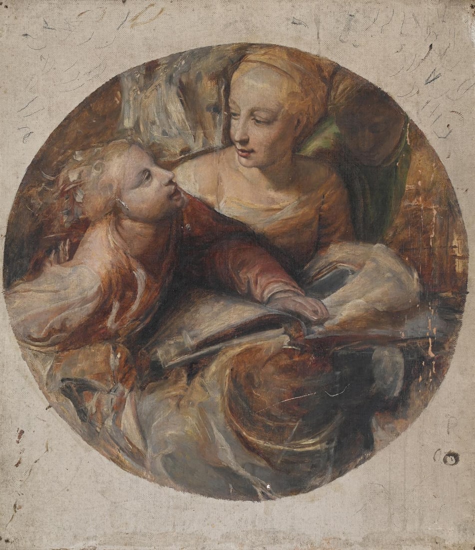 ALFRED GEORGE STEVENS (BRITISH 1817-1875), KING ALFRED AND HIS MOTHER: ALFRED GEORGE STEVENS (BRITISH 1817-1875)KING ALFRED AND HIS MOTHEROil on canvas, in a painted tondoIndistinctly inscribed (on the stretcher)39.5 x 35cm (15½ x 13¾ in.)A study for the pictur