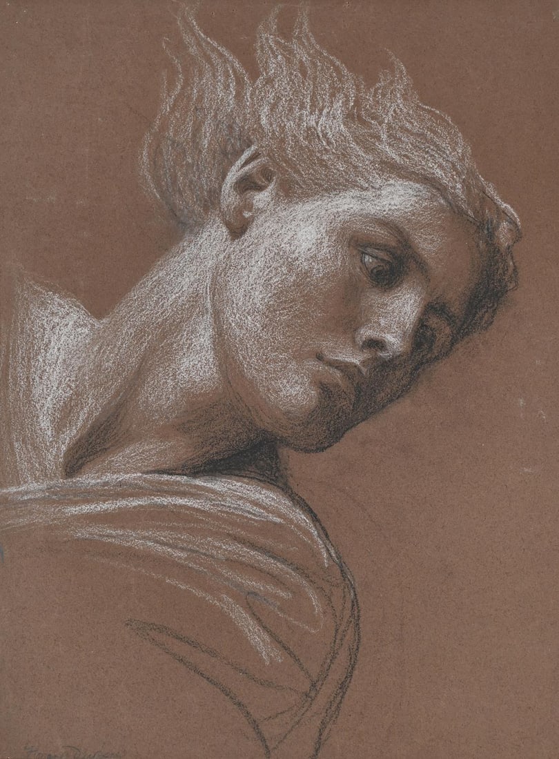 FRANK DICKSEE (BRITISH 1853-1928), CHALK STUDY FOR THE AVENGER (1916): FRANK DICKSEE (BRITISH 1853-1928)CHALK STUDY FOR THE AVENGER (1916)Black and white chalk on brown paperSigned (lower left)42.5 x 30cm (16½ x 11¾ in.)Provenance: Private Collection, UKThe pre