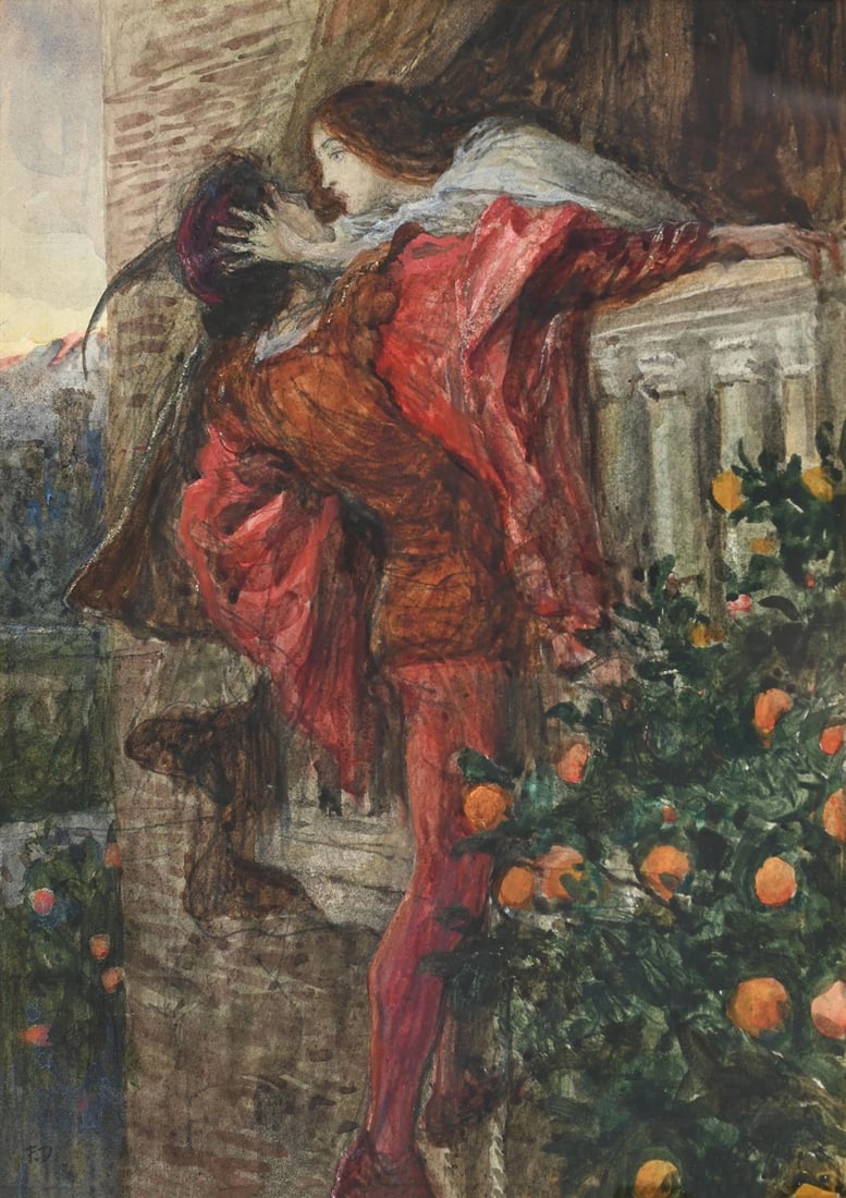 FRANK DICKSEE (BRITISH 1853-1928), ROMEO AND JULIET: FRANK DICKSEE (BRITISH 1853-1928)ROMEO AND JULIETPencil and watercolour heightened with bodycolourSigned with initials (lower left)22.5 x 16cm (8¾ x 6¼ in.)Provenance: The Collection of Marc