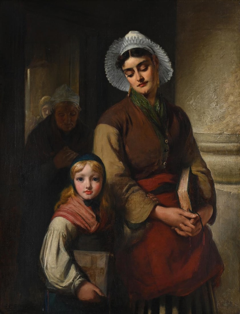 EDWARD CHARLES BARNES (BRITISH FL.1856-1882), LEAVING CHURCH, NORMANDY (1 of 3)