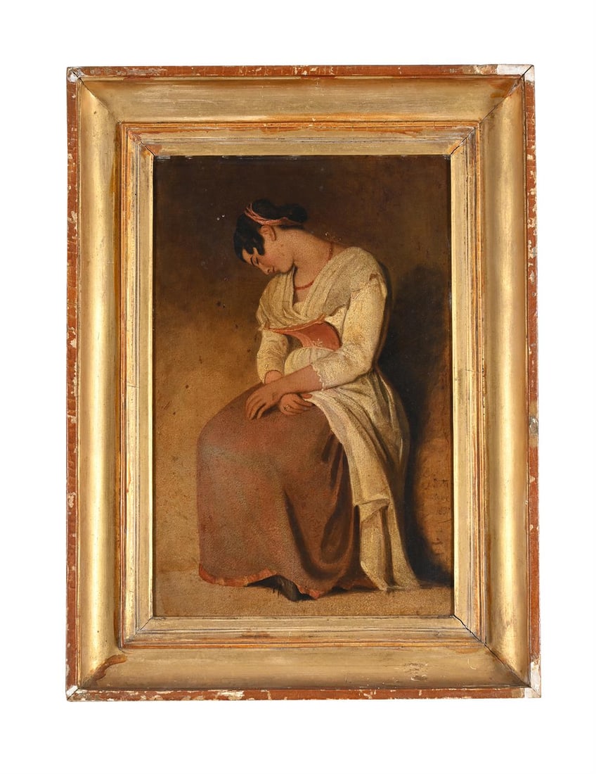 ATTRIBUTED TO JOSEPH SEVERN (BRITISH 1793-1872), PORTRAIT OF A LADY RESTING IN AN ITALIANATE DRESS (1 of 3)