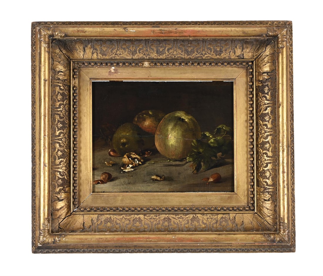 FRENCH SCHOOL (CIRCA 1900), STILL LIFE WITH APPLES AND NUTS: FRENCH SCHOOL (CIRCA 1900)STILL LIFE WITH APPLES AND NUTSOil on panel19 x 27cm (7¼ x 10½ in.)