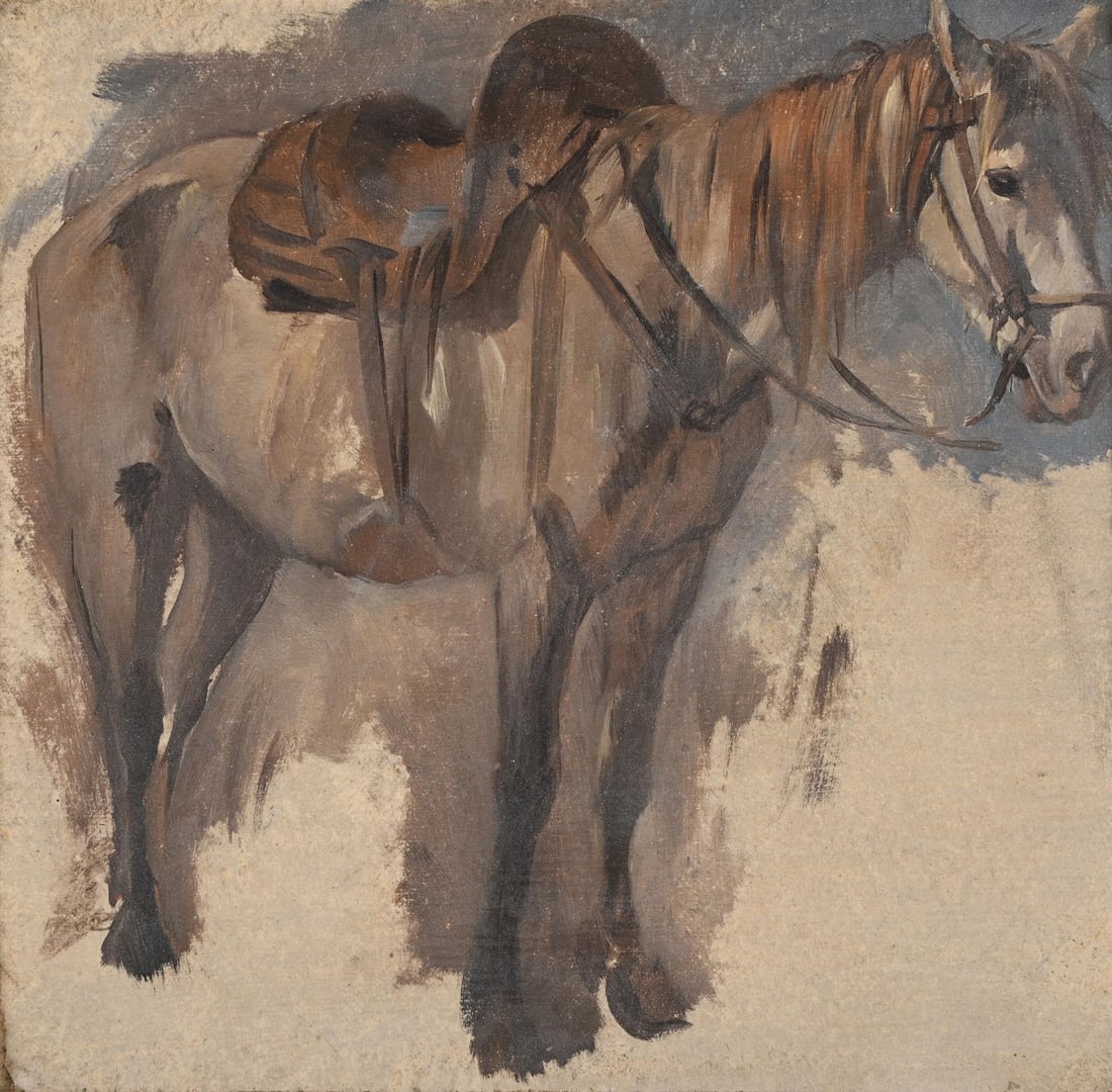 GEORGE HEMING MASON (BRITISH 1818 - 1872), THE WHITE HORSE: GEORGE HEMING MASON (BRITISH 1818 - 1872)THE WHITE HORSEOil on paper laid on board20 x 20cm (7¾ x 7¾ in.)Provenance:The artist's studio sale, Christie's, 15th February 1873, (lot number unkn