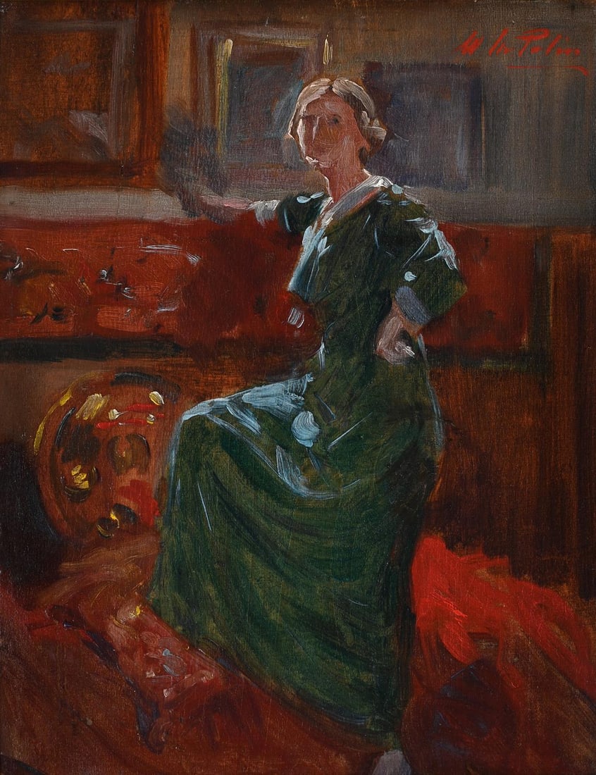 WILLIAM MAINWARING PALIN (BRITISH 1862-1947), STUDY RED AND GREEN: WILLIAM MAINWARING PALIN (BRITISH 1862-1947)STUDY RED AND GREENOil on boardSigned (upper right); further inscribed, initialled and dated '1913' (verso)32 x 25cm (12½ x 9¾ in.)Provenance:Swif