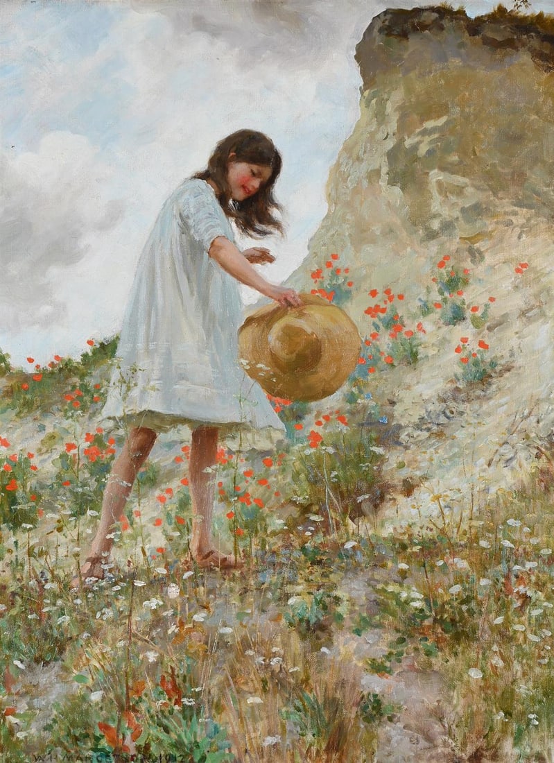 WILLIAM HENRY MARGETSON (BRITISH 1861-1940), A GIRL WITH POPPIES: WILLIAM HENRY MARGETSON (BRITISH 1861-1940)A GIRL WITH POPPIESOil on canvasSigned and dated '1912' (lower left)61.2 x 46cm (24 x 18 in.)