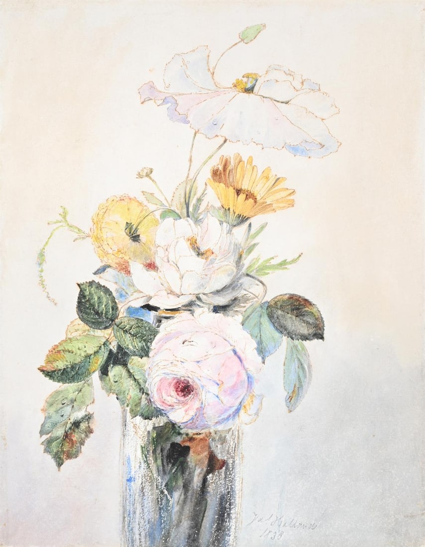 JAMES HOLLAND (BRITISH 1799 - 1870), STILL LIFE OF PEONIES, POPPIES AND MARIGOLDS: 128 x 93.5cm (50¼ x 36¾ in.)